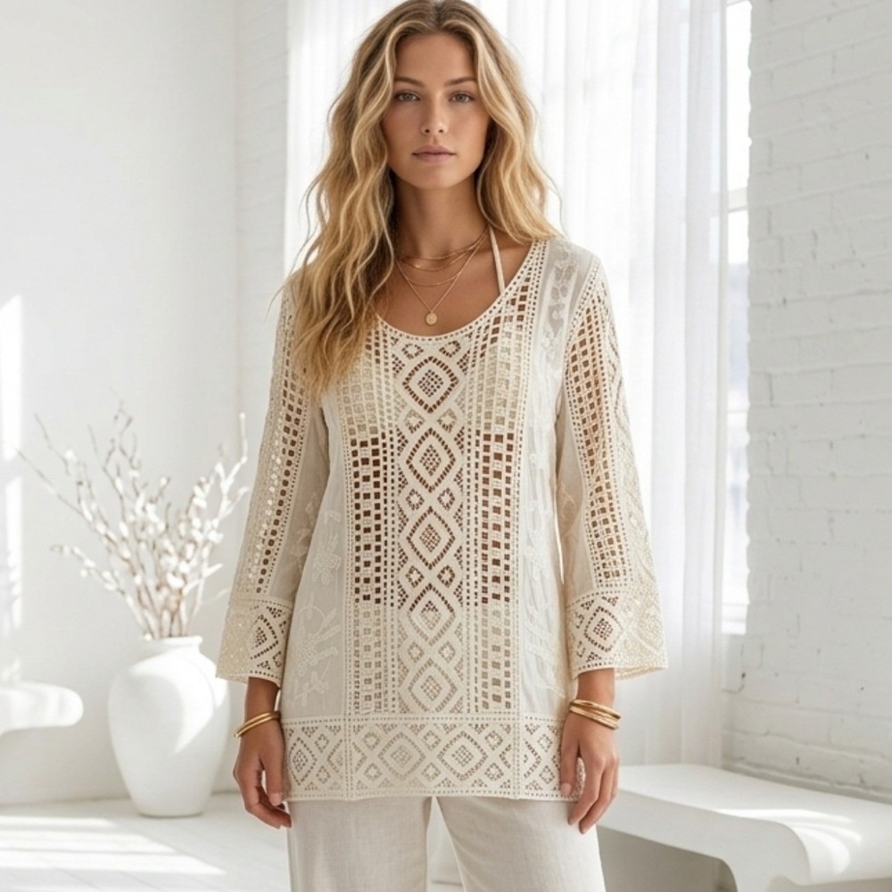 Blue‎ Tassel Crochet Top Womens Small Cream Boho Bell Sleeve Cover Up Blouse